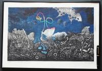 黒崎彰 初期作品 木版画『地の声・ちょう (W-43)』 Ed.25の内,No.1
