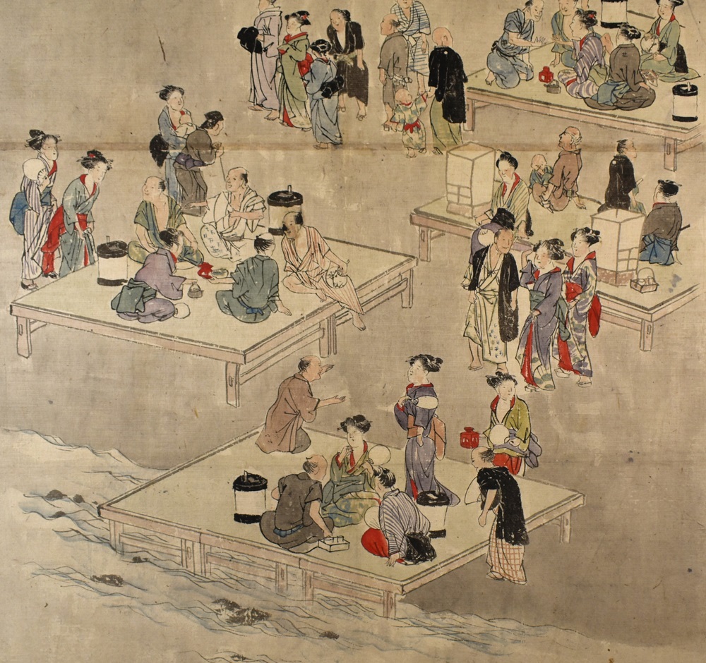 掛け軸【夕涼み】奥村石蘭 703 京都鴨川 四条納涼 - 絵画/タペストリ