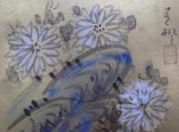 津田青楓　肉筆色紙　菊水図