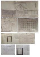 近代神社建築／明治期／橿原神宮（内侍所・神嘉殿他）・吉野宮（神宮）（本殿、拝殿、祭器庫、神庫他）など／藤平、橋本印／41枚
主に橿原神宮と吉野神宮に関する建築図面類です。境内図を見ると両神宮とも明治期の創建時代のもののようです。橿原神宮の境内も創建期の簡単なものと合致します。吉野宮も吉野宮全図（印刷物）と比べると多少の変更点があるようですが、ほぼ同じ建造物が建っています。伊藤、藤平の印は恐らく名古屋の宮大工伊藤平左衛門
家の者、また橋本は橋本卯兵衛と思われます。数点破り欠損あり。一応分類しましたが、取り違えもあるとおもいますので、ご了承ください。

