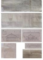 近代神社建築／明治期／橿原神宮（内侍所・神嘉殿他）・吉野宮（神宮）（本殿、拝殿、祭器庫、神庫他）など／藤平、橋本印／41枚
主に橿原神宮と吉野神宮に関する建築図面類です。境内図を見ると両神宮とも明治期の創建時代のもののようです。橿原神宮の境内も創建期の簡単なものと合致します。吉野宮も吉野宮全図（印刷物）と比べると多少の変更点があるようですが、ほぼ同じ建造物が建っています。伊藤、藤平の印は恐らく名古屋の宮大工伊藤平左衛門
家の者、また橋本は橋本卯兵衛と思われます。数点破り欠損あり。一応分類しましたが、取り違えもあるとおもいますので、ご了承ください。

