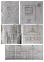 近代神社建築／明治期／橿原神宮（内侍所・神嘉殿他）・吉野宮（神宮）（本殿、拝殿、祭器庫、神庫他）など／藤平、橋本印／41枚
主に橿原神宮と吉野神宮に関する建築図面類です。境内図を見ると両神宮とも明治期の創建時代のもののようです。橿原神宮の境内も創建期の簡単なものと合致します。吉野宮も吉野宮全図（印刷物）と比べると多少の変更点があるようですが、ほぼ同じ建造物が建っています。伊藤、藤平の印は恐らく名古屋の宮大工伊藤平左衛門
家の者、また橋本は橋本卯兵衛と思われます。数点破り欠損あり。一応分類しましたが、取り違えもあるとおもいますので、ご了承ください。

