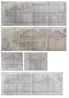 近代神社建築／明治期／橿原神宮（内侍所・神嘉殿他）・吉野宮（神宮）（本殿、拝殿、祭器庫、神庫他）など／藤平、橋本印／41枚
主に橿原神宮と吉野神宮に関する建築図面類です。境内図を見ると両神宮とも明治期の創建時代のもののようです。橿原神宮の境内も創建期の簡単なものと合致します。吉野宮も吉野宮全図（印刷物）と比べると多少の変更点があるようですが、ほぼ同じ建造物が建っています。伊藤、藤平の印は恐らく名古屋の宮大工伊藤平左衛門
家の者、また橋本は橋本卯兵衛と思われます。数点破り欠損あり。一応分類しましたが、取り違えもあるとおもいますので、ご了承ください。

