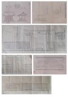 近代神社建築／明治期／橿原神宮（内侍所・神嘉殿他）・吉野宮（神宮）（本殿、拝殿、祭器庫、神庫他）など／藤平、橋本印／41枚
主に橿原神宮と吉野神宮に関する建築図面類です。境内図を見ると両神宮とも明治期の創建時代のもののようです。橿原神宮の境内も創建期の簡単なものと合致します。吉野宮も吉野宮全図（印刷物）と比べると多少の変更点があるようですが、ほぼ同じ建造物が建っています。伊藤、藤平の印は恐らく名古屋の宮大工伊藤平左衛門
家の者、また橋本は橋本卯兵衛と思われます。数点破り欠損あり。一応分類しましたが、取り違えもあるとおもいますので、ご了承ください。

