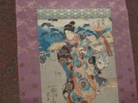 ６　６　真作　一勇斎国芳　武蔵國調布の玉川の右　1枚　木版彩色刷　本紙約33×25㎝　全体約118×37㎝　箱入り　浮世絵　掛軸