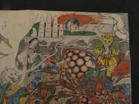 ６　5　真作　玉園画　画本西遊記　百鬼夜行図　３枚続の内左２枚　木版彩色刷約36×49㎝