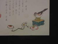 8　8　狂歌・俳諧刷物　絵師不明　鳥と梅　木版彩色刷　約19×18cm　袋付　