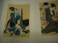 大判　木版画　針仕事　３枚続き　１枚　約４１×２８cm