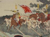 松崎陸軍大尉安城川ノ激戦ニ勲功ヲ顕ハス之図　彩色木版刷　3枚続