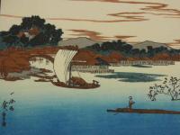 複製木版画　東都名所　広重画　隅田川葉桜之景　手摺木版　約22.5×34cm