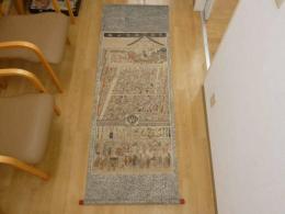 模作　東栄戯台之図　西荘文庫旧蔵　木版手彩色　本紙 約128×58cm　全体 約184×65cm　木版画　歌舞伎　掛軸