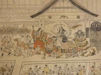 模作　東栄戯台之図　西荘文庫旧蔵　木版手彩色　本紙 約128×58cm　全体 約184×65cm　木版画　歌舞伎　掛軸