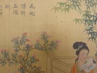 中国美人画　花開堪折　絹本着色　約24.5×36㎝　台紙に貼付　1枚 