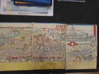 ８　7　真作　東京築地鉄炮洲景　一曜斎国輝筆　木版彩色刷1枚約35×24.5cm　6枚続の内1・4・6番目の3枚　木版画　錦絵