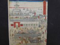 ８　7　真作　東京築地鉄炮洲景　一曜斎国輝筆　木版彩色刷1枚約35×24.5cm　6枚続の内1・4・6番目の3枚　木版画　錦絵