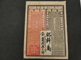 ８　６　引き札　略歴　明治34年　肥料商　泉南郡西信達村　亀岡辰三郎　石版2色刷　約53.5×３８㎝　戦前　広告・古文書