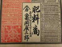 ８　６　引き札　略歴　明治34年　肥料商　泉南郡西信達村　亀岡辰三郎　石版2色刷　約53.5×３８㎝　戦前　広告・古文書