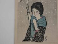 9 5　模作　作久夢二　「雪の日」　木版彩色刷　約１４×9.5㎝　額約31.5×26.5×２㎝　木版画