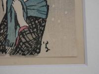 9 5　模作　作久夢二　「雪の日」　木版彩色刷　約１４×9.5㎝　額約31.5×26.5×２㎝　木版画