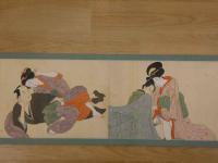 ８　４　春画　明治大正期写　絹本彩色　約25×415cm　１巻　枕絵　古文書