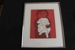 ６　5　黒田陽　型染　「私の仔犬」額装　共シール　マット内約２７×２１．５㎝　全体約44.5×37.5×2㎝