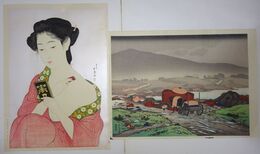 橋口五葉　「化粧の女」「耶麻渓の雨」　手摺木版画（大判2枚入）