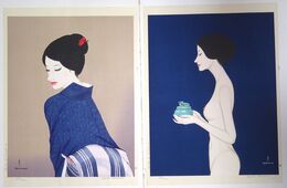 高沢圭一　女絵　「香を焚く女」・「鮫小紋」　木版画2葉　限定470部