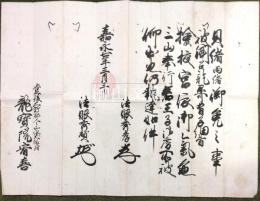 熊野三山奉行若王子奉書　豊後國大野郡東光寺龍寶院・薬王院宛　①貝御両緒御免之事／②法印御免之事／③権僧都御免之事／④院号御免之事
