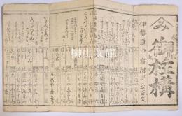 京都御柱講　伊勢道中并二多賀廻り八幡ヨリ春日マハリ安保越エ并ニ愛宕　右道中宿休附