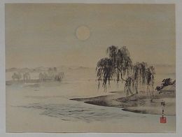 木版画　多摩川夜景図　本朝名画鑑