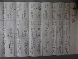 弘化二年筆( 久留米藩一番隊より六番隊迄名簿223名の氏名と家紋種（文字で表記）表 巻紙一巻　縦15.7ｘ183ｃｍ　巻紙　上筆)