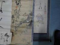 倉田松濤筆蕪村句画軸（菜の花や鯨も与羅ず海暮礼ぬ）ほか倉田関係句会同人俳画マクリ等一括（軸二本＋マクリ１6枚）　明治16年ごろ