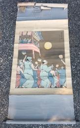 磐城盆踊り図　　軸装　　　木版画　　