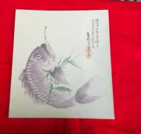 鯉　　山吉頼奇　　　色紙　　肉筆　　落款付き