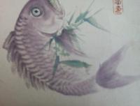 鯉　　山吉頼奇　　　色紙　　肉筆　　落款付き